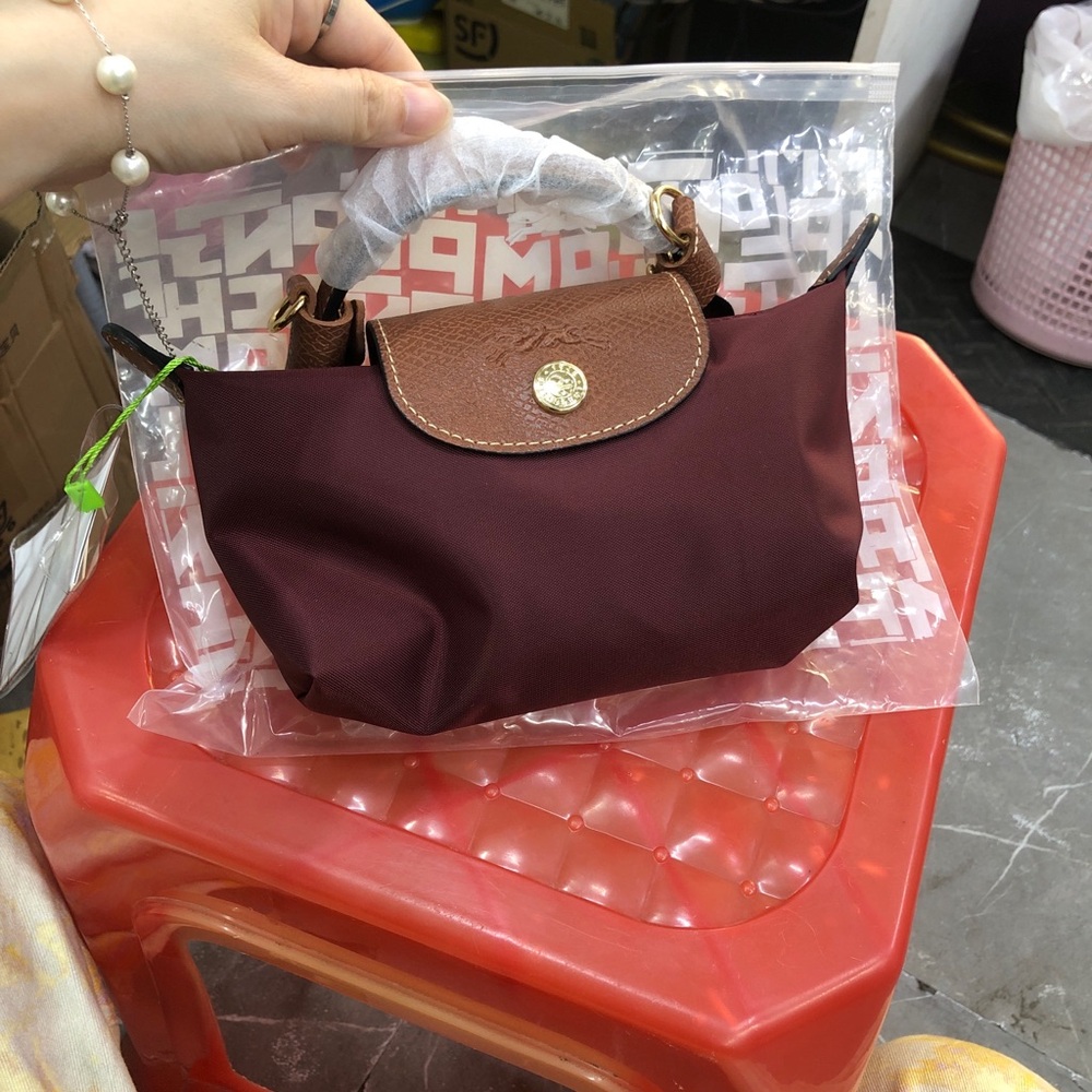 Longchamp Mini Top-Handle Bag in Burgundy with Brown Trim